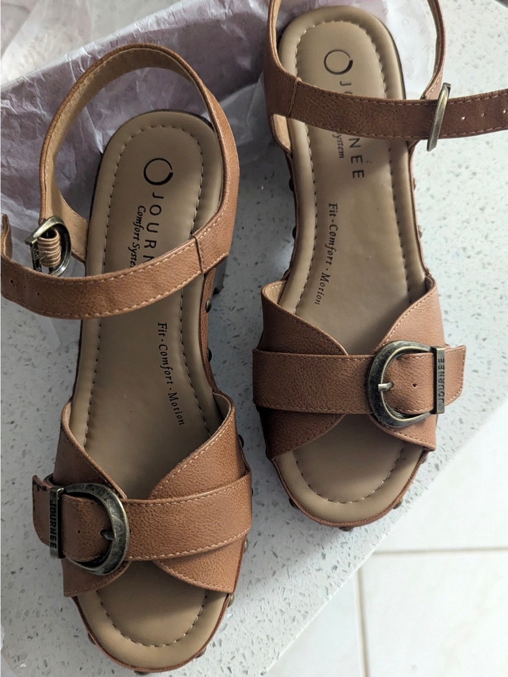 Journee Collection Tan Buckle Comfort Sandals